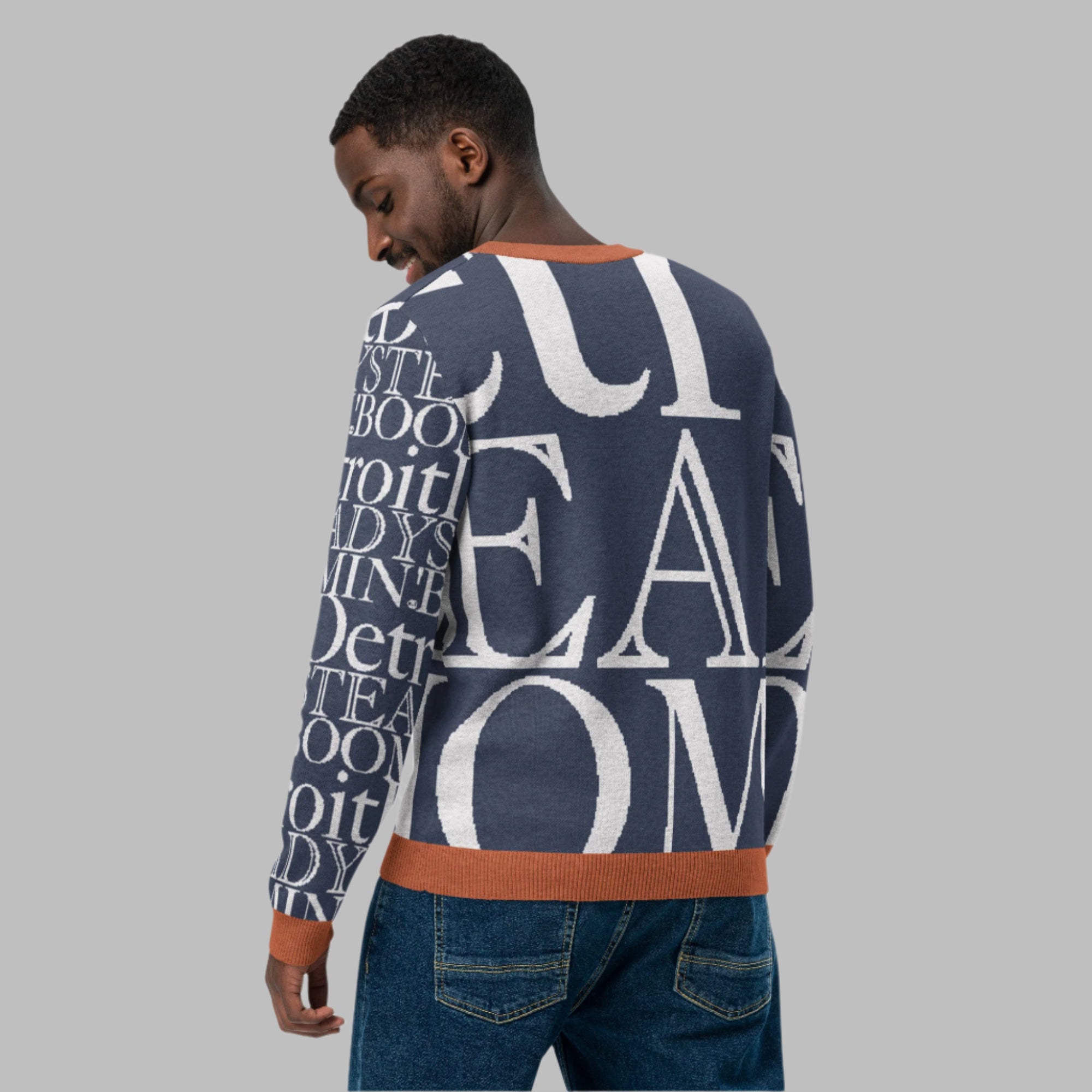 Detroit Tigers knitted crew neck sweater back view showing Detroit Steady Boomin branding