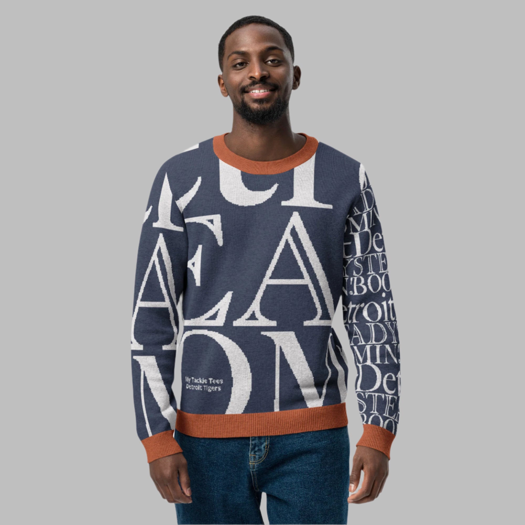 Detroit Tigers knitted crew neck sweater back view showing Detroit Steady Boomin branding