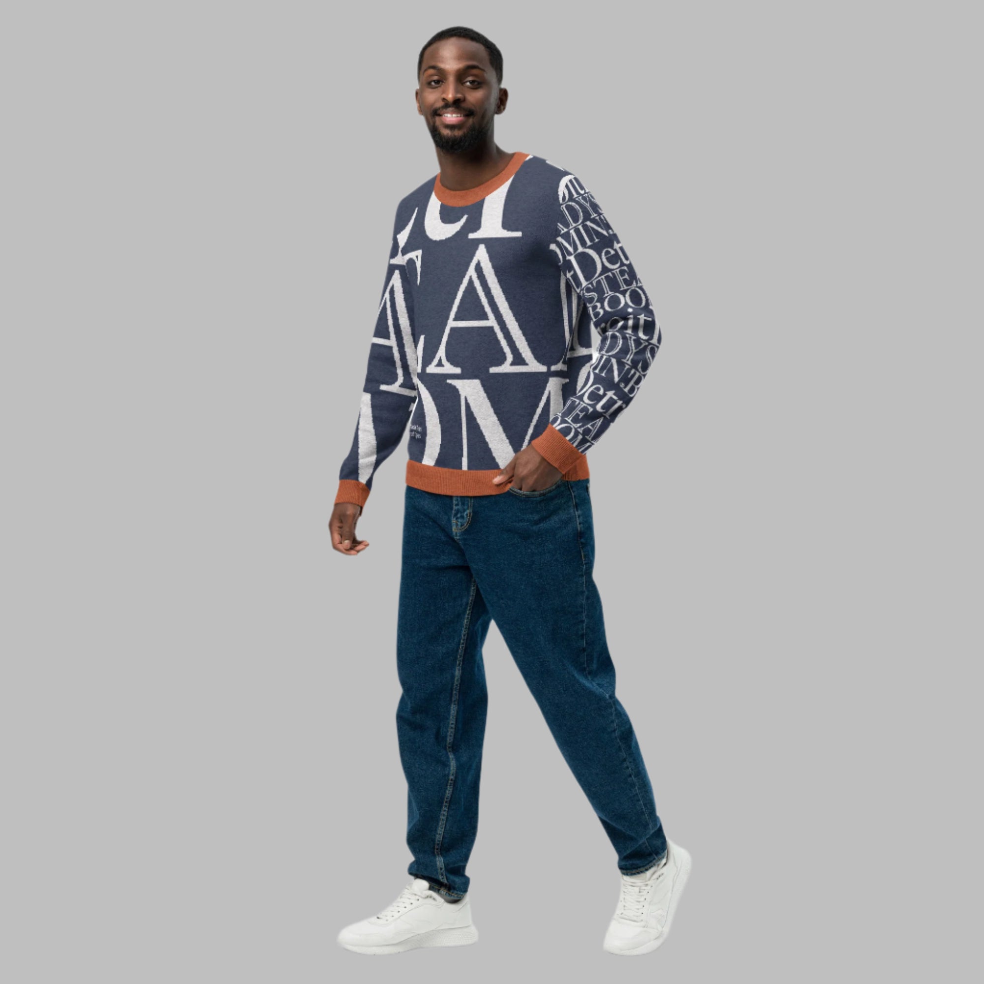 Detroit Tigers knitted crew neck sweater back view showing Detroit Steady Boomin branding