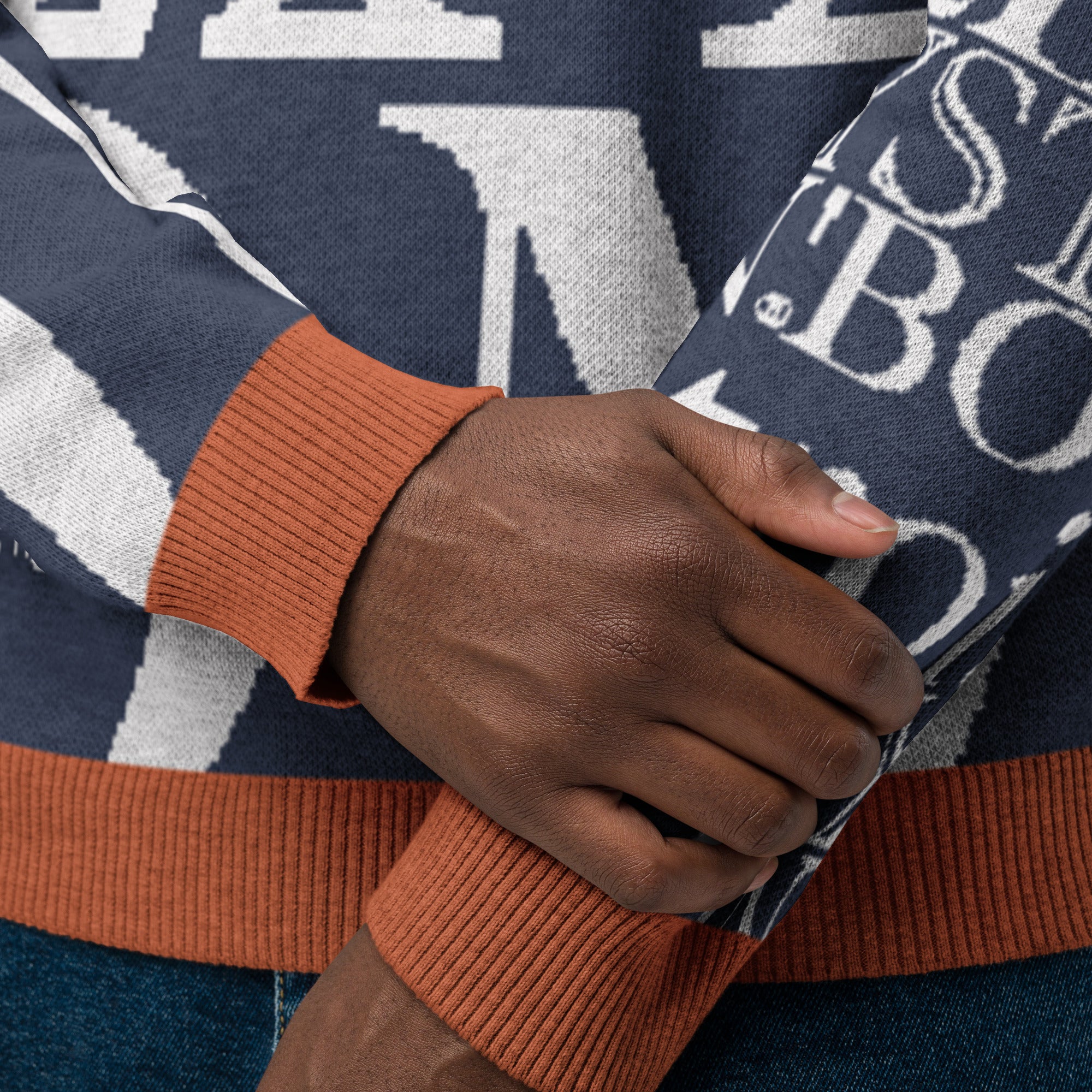 Detroit Tigers knitted crew neck sweater back view showing Detroit Steady Boomin branding