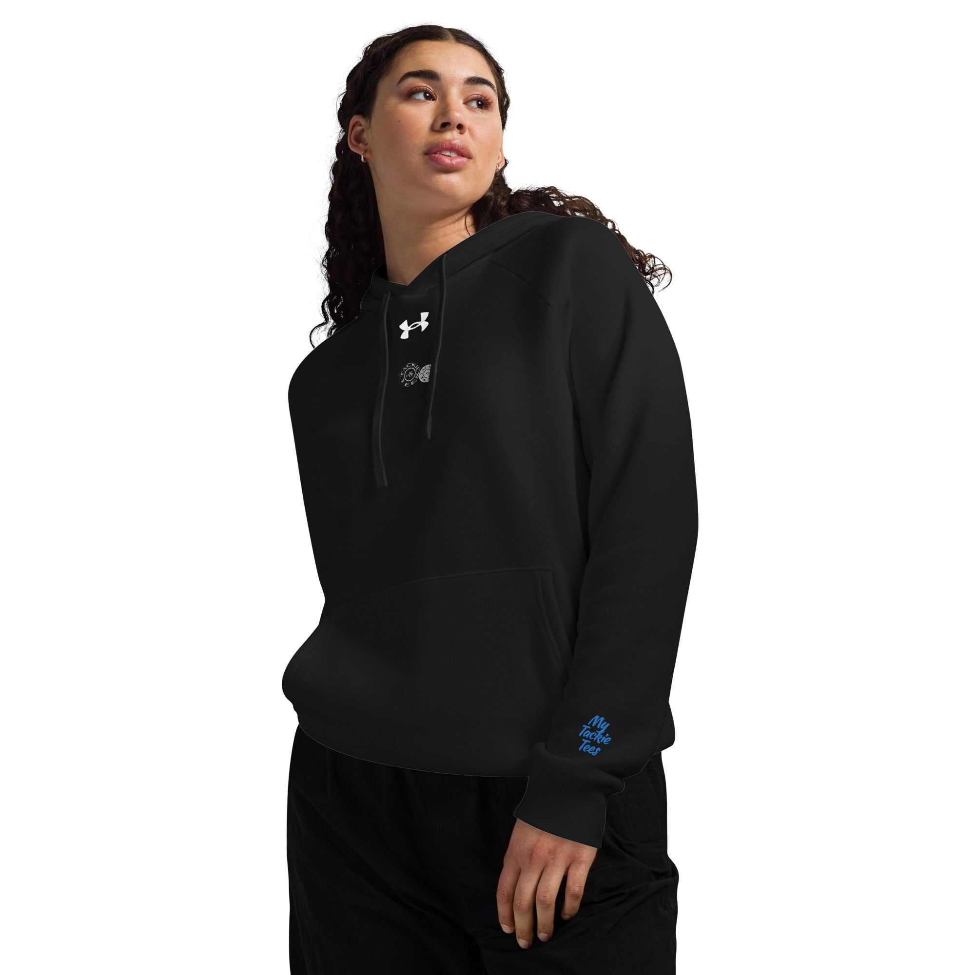 Woman wearing Under Armour x Signature embroidered hoodie in black, showcasing the luxuriously soft fleece and relaxed fit.