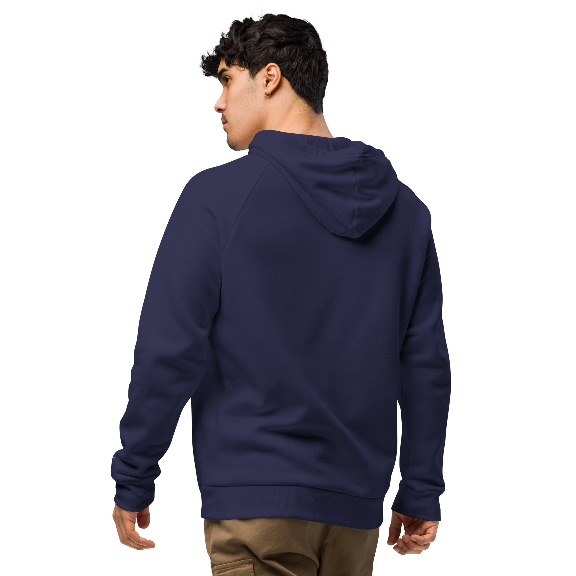 Man wearing Under Armour x Signature embroidered hoodie facing away showing back view in navy blue.