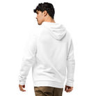 Man wearing Under Armour men's white embroidered hoodie in relaxed fit, showing back view for comfort and style.
