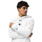 Man wearing a white Under Armour x Signature embroidered hoodie with luxurious fleece fabric and relaxed fit for comfort and style.
