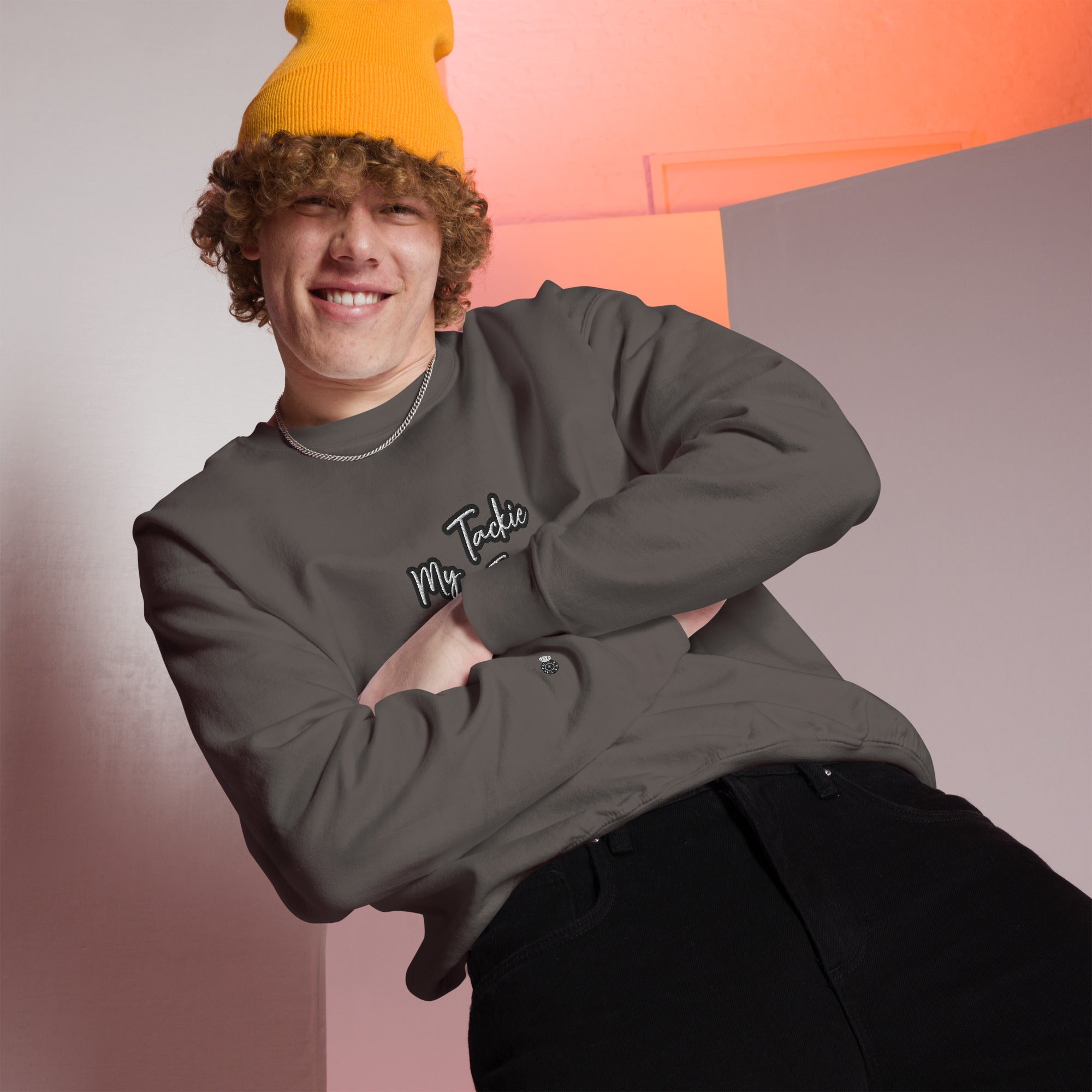 Close-up of premium cotton-poly blend fabric texture on My Tackie Tees sweatshirt