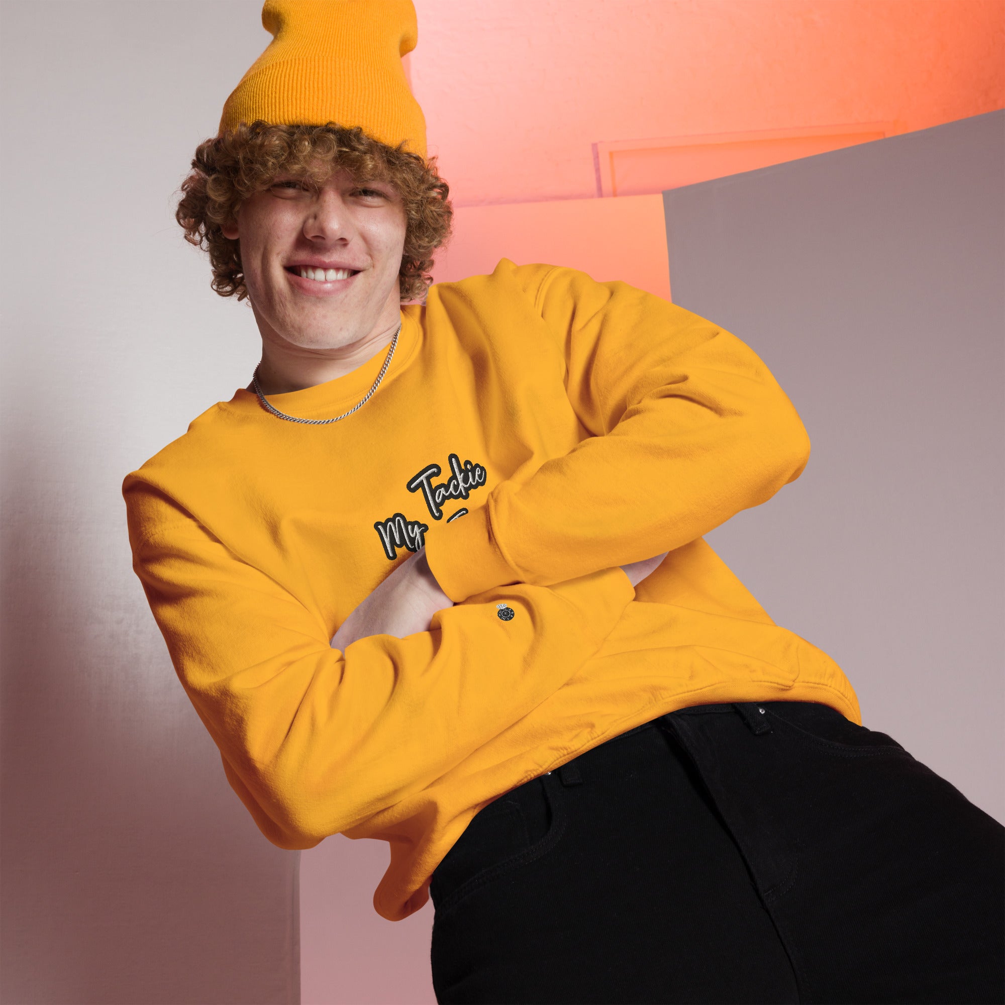 Close-up of premium cotton-poly blend fabric texture on My Tackie Tees sweatshirt