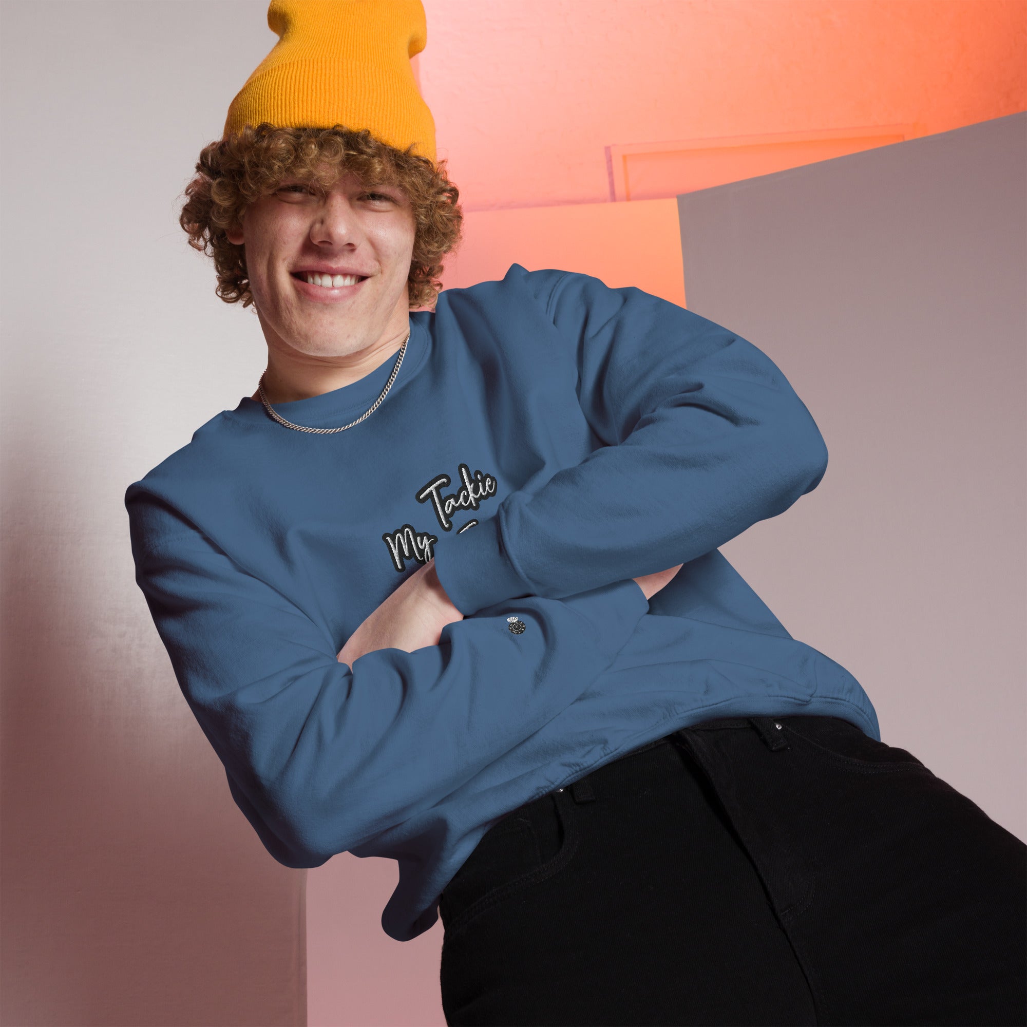 Close-up of premium cotton-poly blend fabric texture on My Tackie Tees sweatshirt