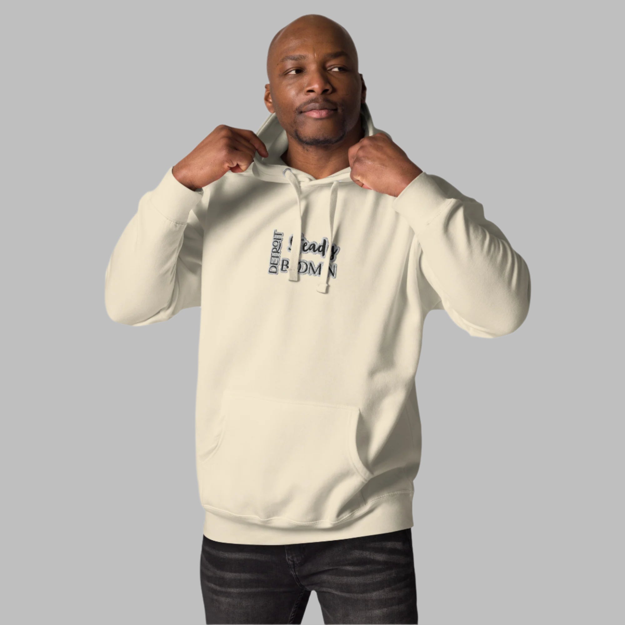 High-quality embroidered Detroit Steady Boom logo detail on premium hoodie