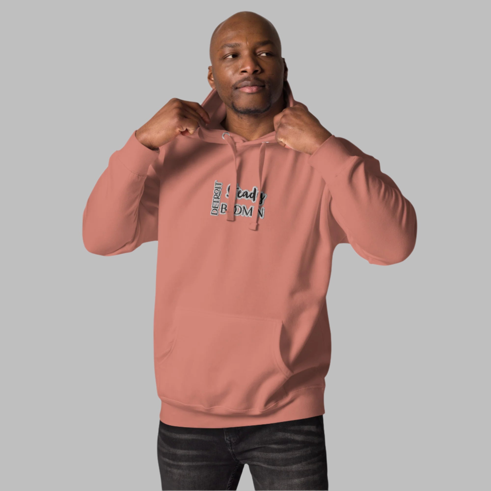 High-quality embroidered Detroit Steady Boom logo detail on premium hoodie