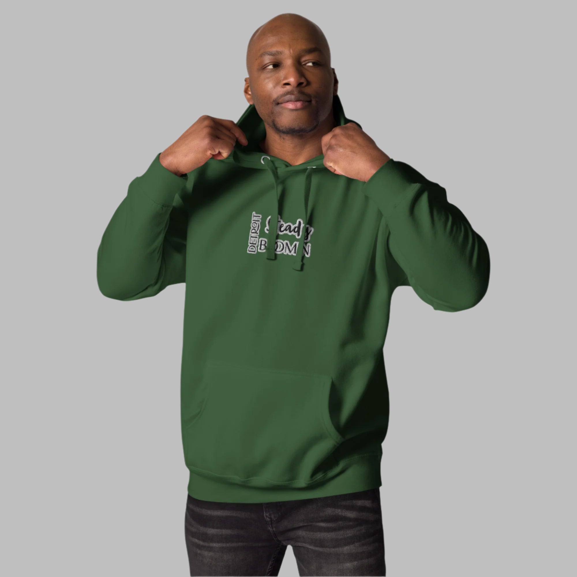 High-quality embroidered Detroit Steady Boom logo detail on premium hoodie