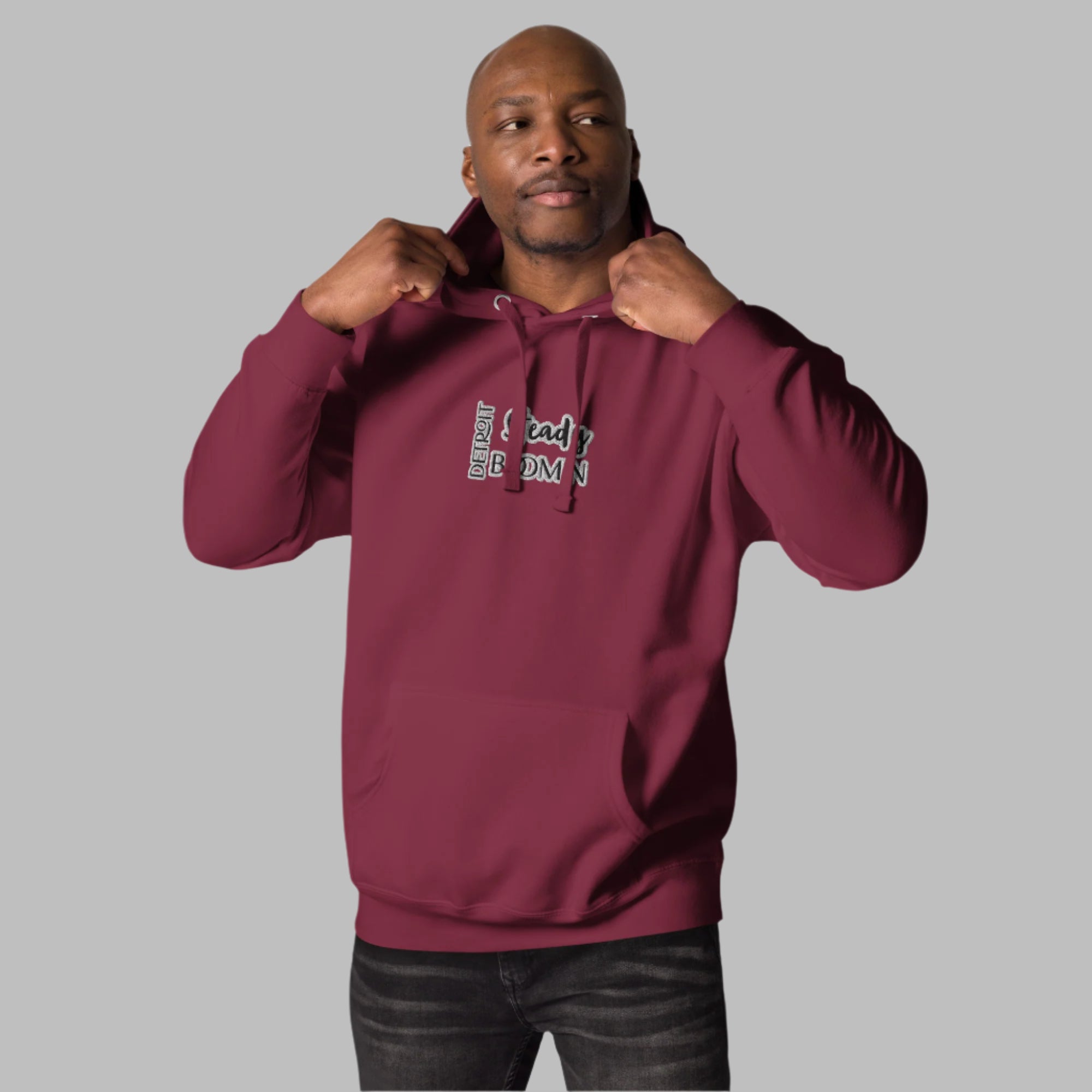 High-quality embroidered Detroit Steady Boom logo detail on premium hoodie