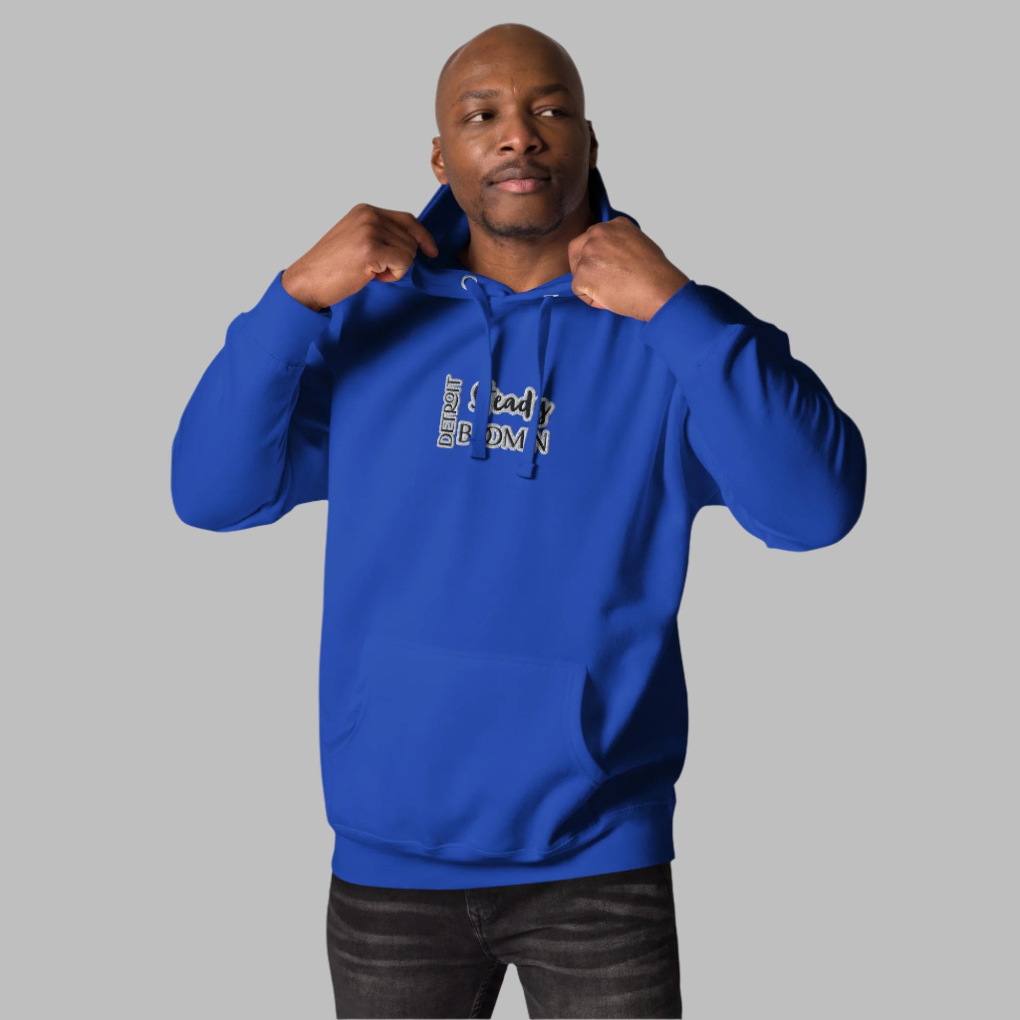 High-quality embroidered Detroit Steady Boom logo detail on premium hoodie
