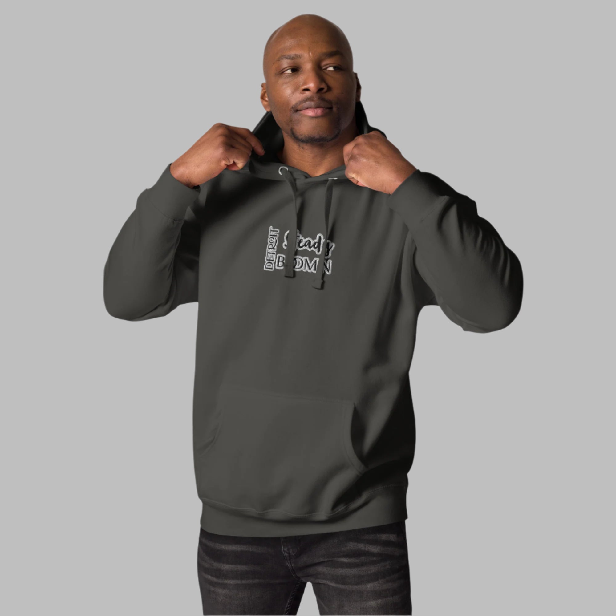 High-quality embroidered Detroit Steady Boom logo detail on premium hoodie