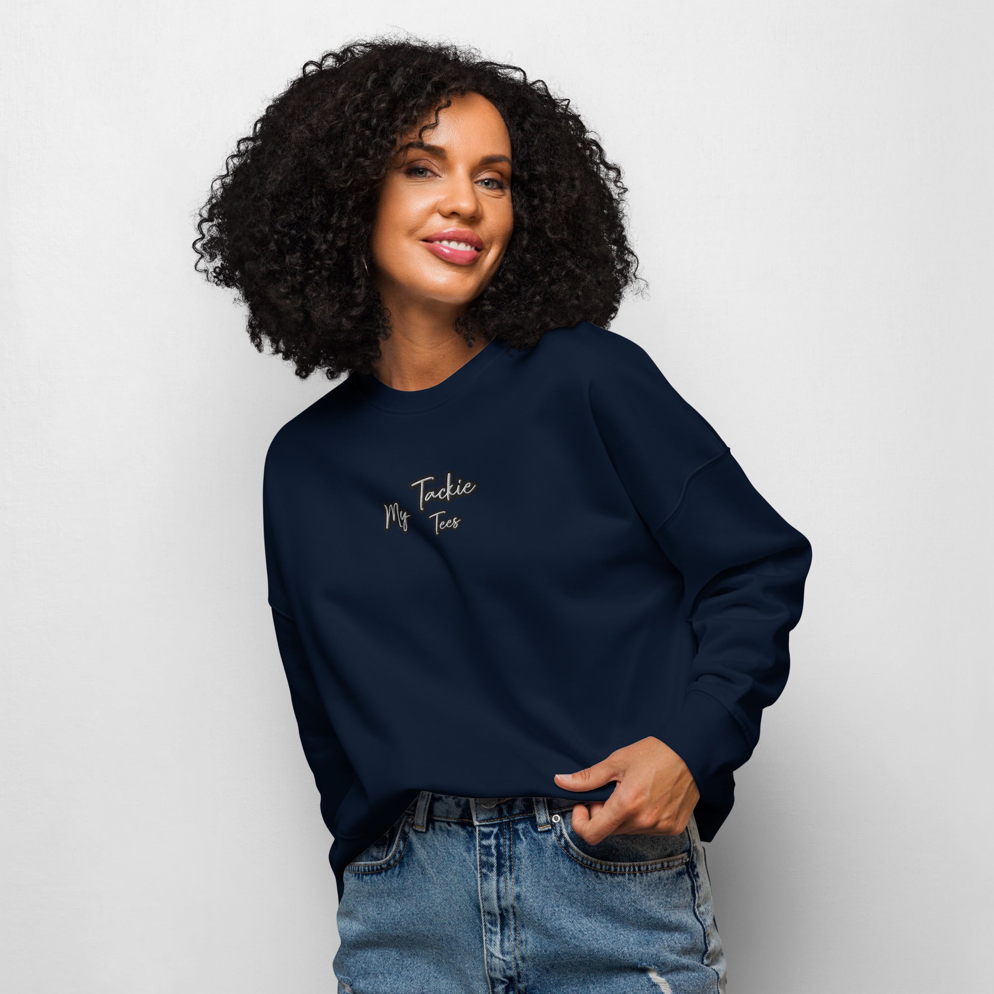 Women's organic crew neck sweatshirt with embroidered design - front view