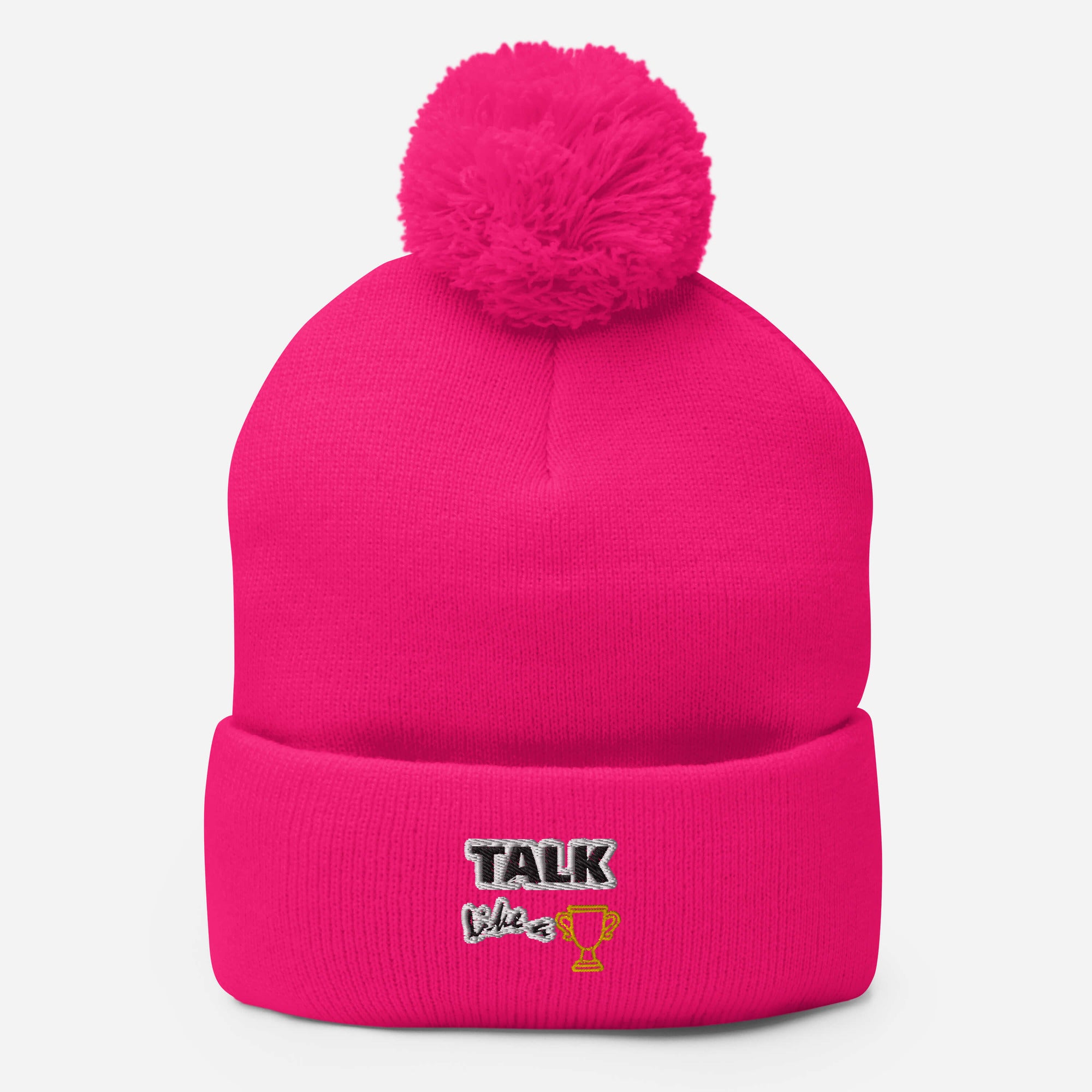 Talk Like A Champion Pom Pom Embroidered Beanie Neon Pink