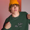 Close-up of My Tackie Tees embroidered logo on men's sweatshirt chest
