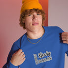 "Close-up detail of Detroit Steady Boomin embroidered logo on premium sweatshirt"
