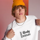 "Close-up detail of Detroit Steady Boomin embroidered logo on premium sweatshirt"
