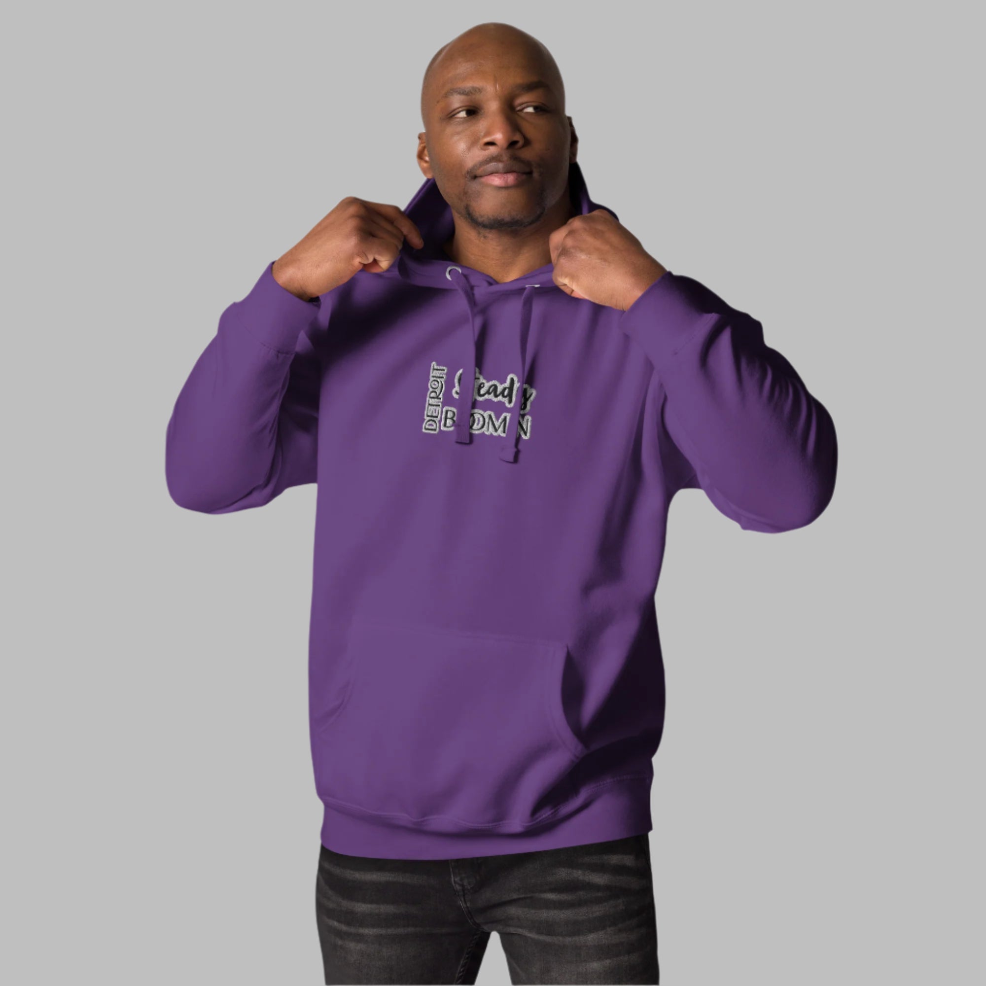 High-quality embroidered Detroit Steady Boom logo detail on premium hoodie