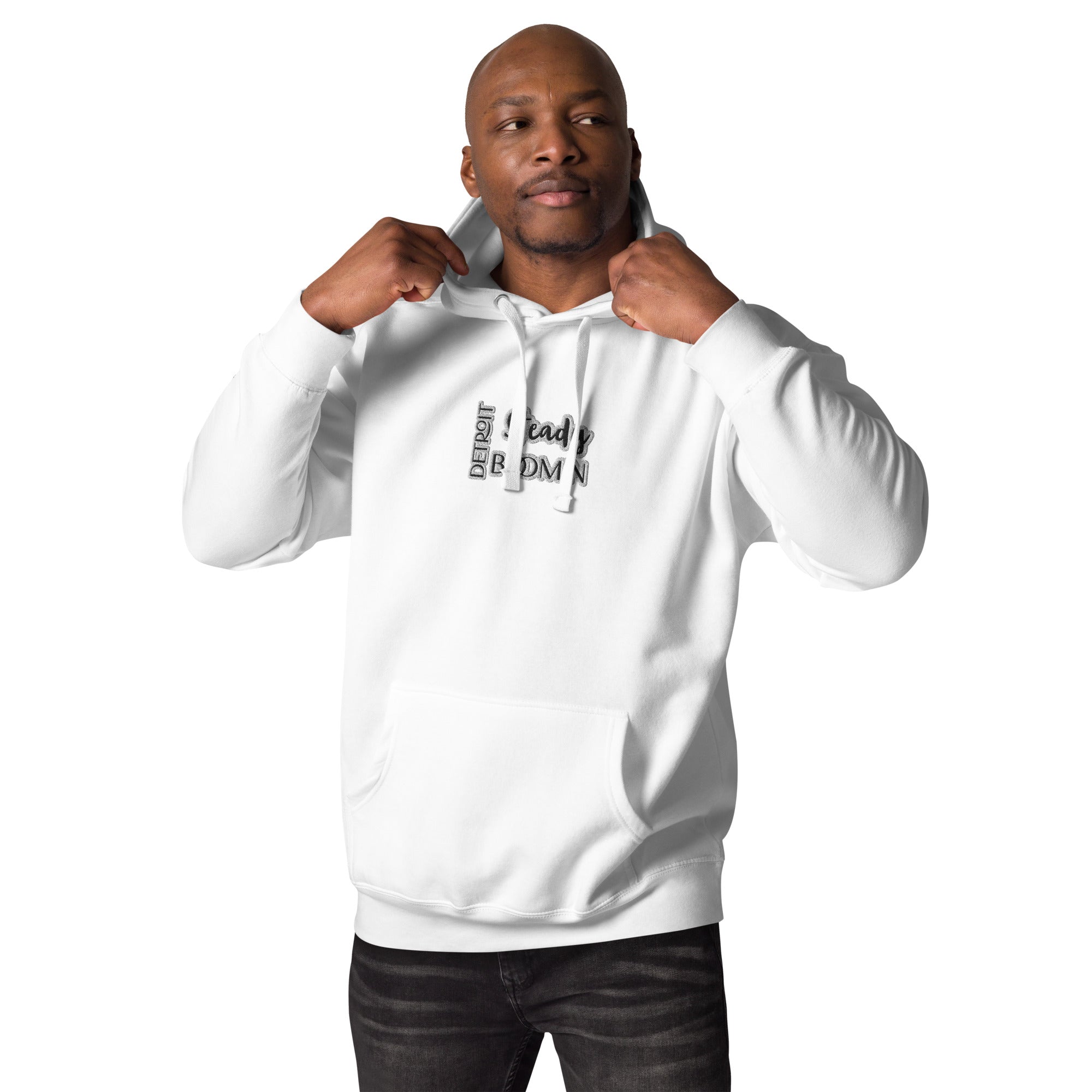 High-quality embroidered Detroit Steady Boom logo detail on premium hoodie